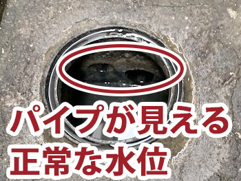 伊丹市の屋外の排水管の詰まりが取れて排水桝の水位が正常に戻った様子